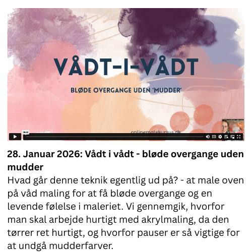 Vi startede med at snakke om, hvad denne teknik egentlig g&aring;r ud p&aring; - at male oven p&aring; v&aring;d maling for at f&aring; bl&oslash;de overgange og en levende f&oslash;lelse i maleriet. Vi gennemgik, hvorfor man skal arbejde hurtigt med akrylmaling, da den t&oslash;rrer ret hurtigt, og hvorfor pauser er s&aring; vigtige for at undg&aring; mudderfarver.